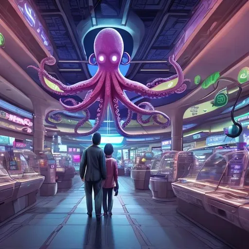 Prompt: octopus security guards in a busy alien mall, widescreen, infinity vanishing point, galaxy background, surprise easter egg