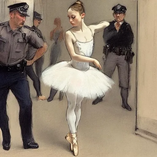 Prompt: ballerina en pointe, being arrested by british police, in the style of edgar degas