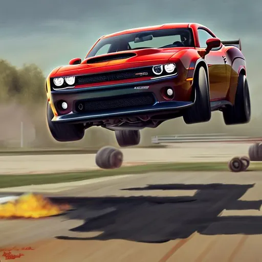 Prompt: High resolution, hyper realistic, painting of dodge hellcat doing wheelie
