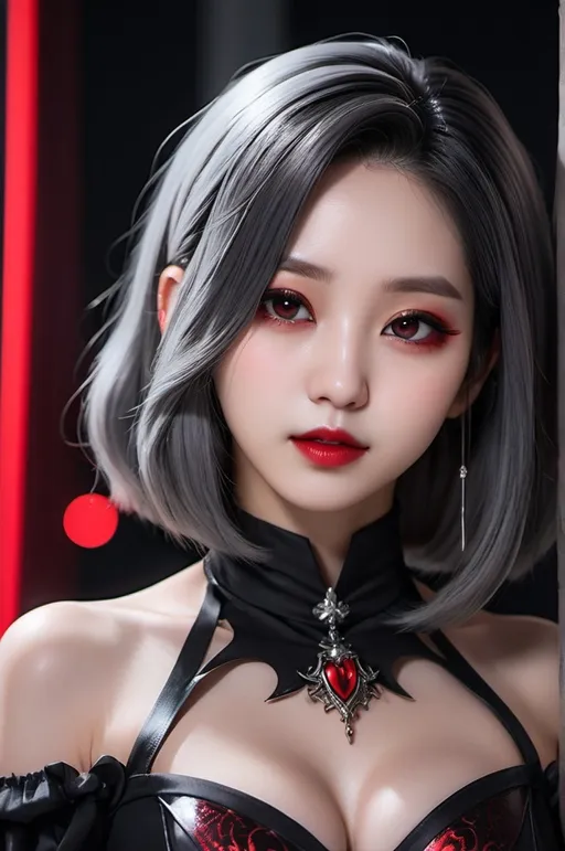 Prompt: Face close-up of a Vampire korean kpop girl idol with red glowing iris, red lips, shoulder-length dark black and silver hair, i can't believe how beautiful this is cosplaygirl, in the style of light silver and dark black, cottagecore, feminine body, kawacy,  silver and black, cg anime style