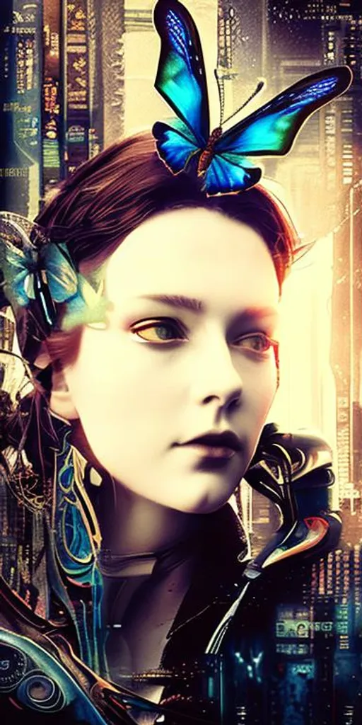 Prompt: Ultra realistic, cyberpunk art nouveau style photo picture using uploaded image with dark blue butterfly's in background, digital art 