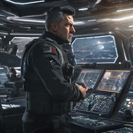 Prompt: A middle-aged europen man black dressed army, angry, black hair, background fleet starships, , Hyperrealistic, sharp focus, Professional, UHD, HDR, 8K, Render, electronic, nervous vibe, loud, tension, dark, Epic