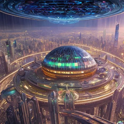 Prompt: futuristic busy enormous domed city, interior, moon base, crowded tourist shopping neighborhood, multiple levels, transit arrivals, rainbow mosaic glass roof, art nouveau, realistic details, photorealistic, 8k render, cinematic lighting, ultra detailed