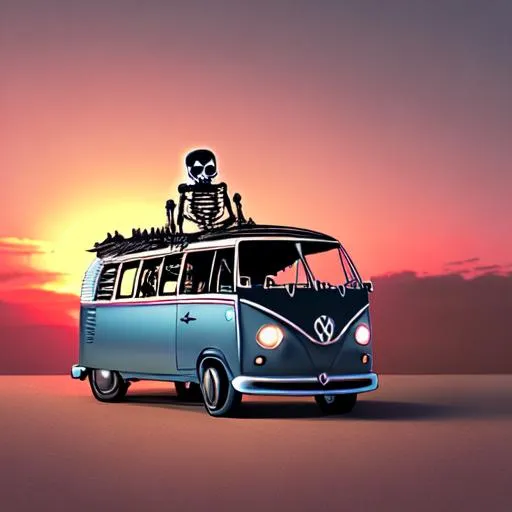 Prompt: A skeleton driving a Volkswagen bus by the sunset 