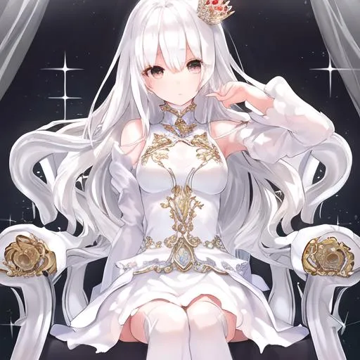 Prompt: butiful girl seat in a crystal galery white hairs white dress white boots complete body seat cristal orbe cristal crown