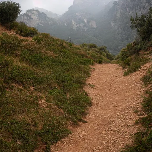 Prompt: Misty Rainy Mediterranean Mountain with a dirt path