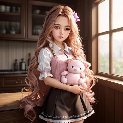 Prompt: {{{{highest quality stylized character masterpiece}}}} best award-winning digital oil painting with {{lifelike textures brush strokes}}, hyperrealistic intricate perfect 128k UHD HDR, girl with long wavy pink hair, brown eyes, cute, skirt, cute shirt, plushie
