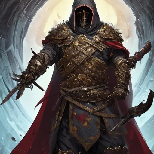 Prompt: old woman gold, Tall,   very dark white scarred skin, covered in bandages, gold tattered cloth armor exposes his midriff, hood of magical darkness mask like Xûr,  large red gem between pecs in chest, Barbarian, Strong, wielding large two-handed great-axe, Fantasy setting,