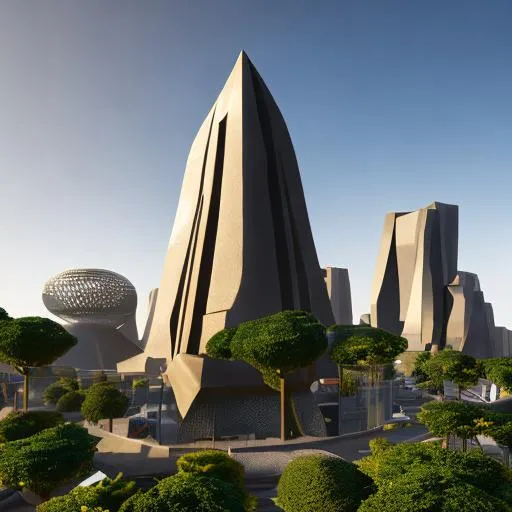 Prompt: Modernised precolonial congolese sculpture incorporated into a modern city using rare Congolese minerals volumetric natural light, ultra realistic, vray, far view, perspective landscape