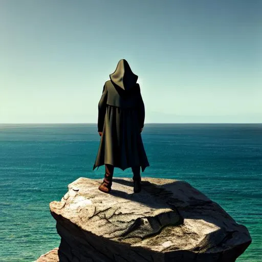 Prompt: a hooded man overlooking the sea atop a rock