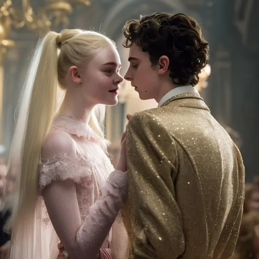 Prompt: Elle Fanning and Timothee Chalamet kissing 