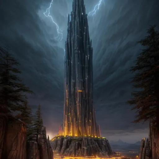 Prompt: tall monolithic magical tower on a mountain, , lightning ,stars, magic the gathering, fantasy art, fantasy, , concept art, artstation, award winning, , Carl Critchlow , Kevin Walker, Dan Scott, Steve Prescott