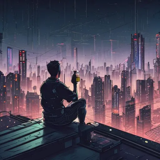 Prompt: A middle-aged worker leaned against a chair, sitting on the roof of the building, holding a beer in his hand, admiring the distant Cyberpunk style night view of the future city