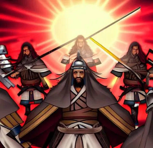 Prompt: Anime war scene graphic High detail Samurai warrior crusaders with Jesus Christ as depicted in the book of  revaltion coming out of heaven gathering his chosen to ride against the enemy Satan and his fallen cyberpunk ninjas