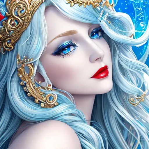 Prompt: Mermaid queen, blue irises, blue eyes, blond wavy hair, long blond hair, red gloss lips, beautiful detailed lips, white tail, extremely pale skin, detailed seashell crown, detailed webbed ears, complex intricate detail and quality, detailed, masterpiece, insanely detailed, highly detailed, perfect composition, 16k upscaled image, 8k, anime style, detailed extreme long shot, extreme long shot, sitting on a throne, in sea, beautiful detailed tail, detailed full-body portrait, beautiful full-body portrait