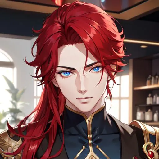 Prompt: Zerif 1male (Red side-swept hair covering his right eye, blue eyes), highly detailed face, in starbucks, adult. Handsome,  detailed, UHD, HD, 4K, highly detailed, red haze, masculine, anime style.