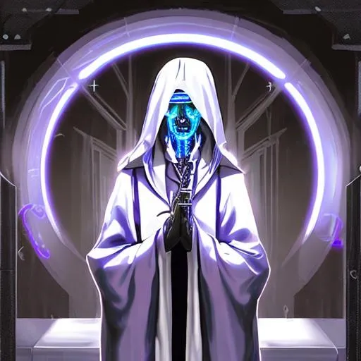 Prompt:  a cybernetic priest hidden in shadows