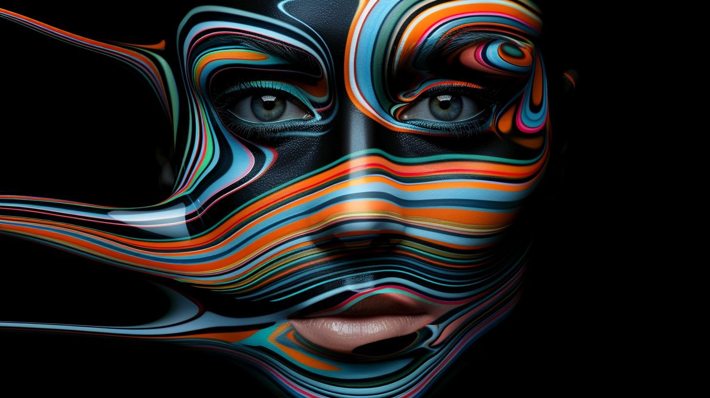 Prompt: A surreal artwork depicting the face of an attractive woman, her features melting into vibrant colors and patterns that flow across the canvas like liquid paint. The background is dark with shadows adding depth to the scene. Her eyes have a mesmerizing glow as they gaze out at viewers, creating a sense of mystery and intrigue.