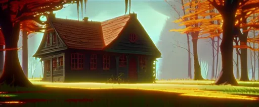 Prompt: Old orange house in autumn forest at noon, DVD Screengrab from Walt Disney Animation Studios 1991 movie