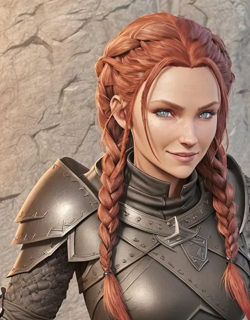 Prompt: Digital art, black rogue gear, black adventurer armor, Medium build, slightly broad-shouldered, (((DreamShaper Version 1))), Berk of How to Train Your Dragon, viking woman, subtle smile, red hair, cornrow braids, blue eyes, ((black gear, black armor,)) unreal engine, 8k octane, 3d lighting, full body, full armor
