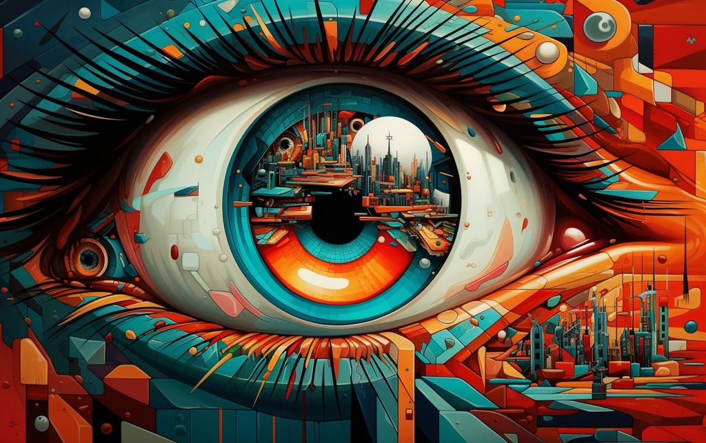 Prompt: eye on a person's face showing eyes and a colorful background, in the style of hyper-detailed illustrations, futurist dynamism, light teal and dark orange, mind-bending murals, 8k 3d, intricate illustrations, airbrush art