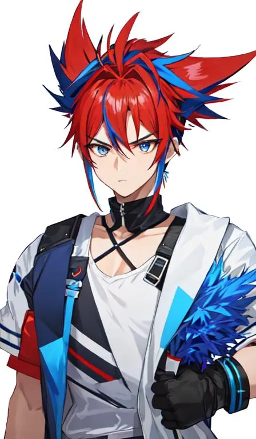 Prompt: Aster, 1 male. intimidating, blue and red mohawk