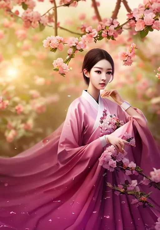 Prompt: {{Digital painting, high magnification symmetry, perfect female body cinematic flower garden environment, spotlight, perfect configuration, surreal, ultra-precise, 8k, high quality, sharp focus, vivid detail, high magnification, dynamic lighting, detail and complex environment,}}}{Korean traditional clothing, beautiful}