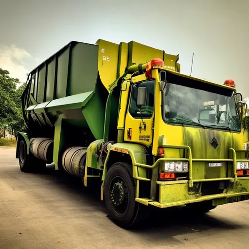 Prompt: Armoured yellow as d green garbage truck 