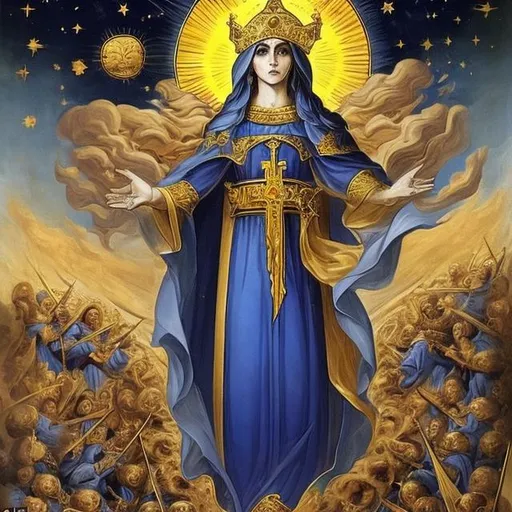 Prompt: BEHOLD the great sign appearing in the heavens! A Chaldean virgin clothed all about with the sun, the moon under her feet, and a crown of twelve stars around her head. she commands the terrible, immense armies arrayed with banners of war