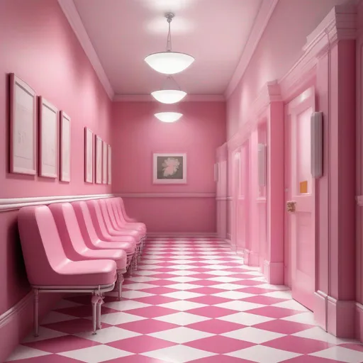Prompt: pink realistic hallway waiting room with pink and white floors