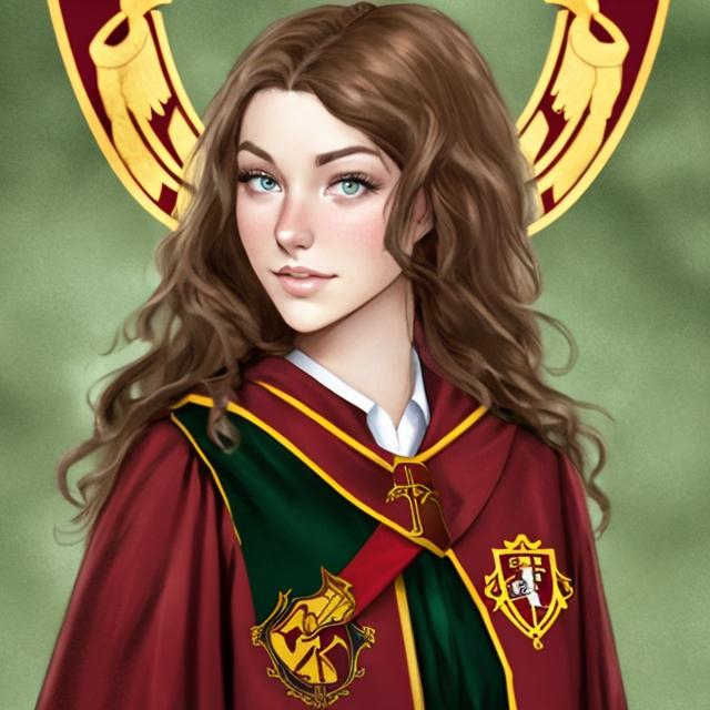 brown-haired, green-eyed woman as a Gryffindor stude... | OpenArt