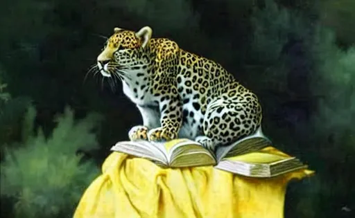 Prompt: Clever leopard with books, Mucha style
