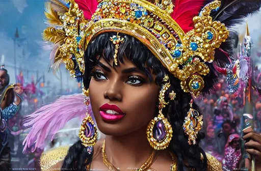 Prompt: Black woman in head feather headgear surrounded by many people on the street during Montreal Cari-Fiesta, Caribanna, Caribbean Festival, 4K, 8K, photorealistic, Intricately detailed front facing elaborate beautiful intricate glistening face bright eyes painting by Ismail_Inceoglu Tom Bagshaw Dan Witz CGSociety ZBrush Central fantasy art 4K, digital painting, digital illustration, extreme detail, digital art, ultra hd, tumblr aesthetic,  hd photography, hyperrealism, extreme long shot, telephoto lens, motion blur, wide angle lens, deep depth of field, warm, anime Character Portrait, Symmetrical, Soft Lighting, Reflective Eyes, Pixar Render, Unreal Engine Cinematic Smooth, Intricate Detail, anime Character Design, Unreal Engine, Beautiful, Tumblr Aesthetic,  Hd Photography, Hyperrealism, Beautiful Watercolor Painting, Realistic, Detailed, Painting By Olga Shvartsur, Svetlana Novikova, Fine Art