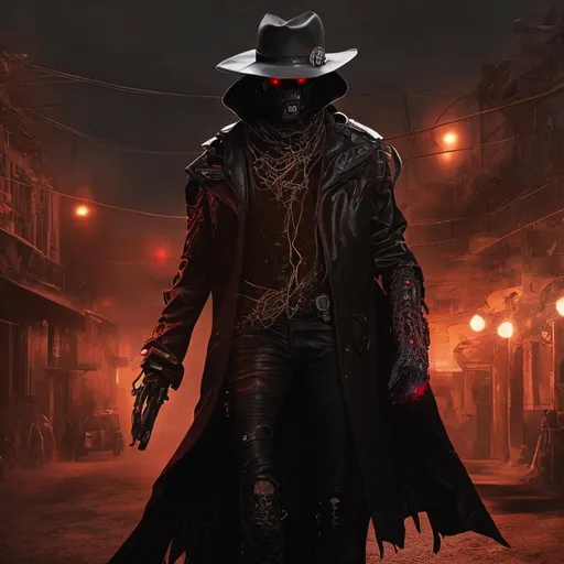 Prompt: Cyber Cowboy with 4 Arms, fiery red Poncho, Dressed in black duster and Stetson Cowboy Hat, with Red eyes, Haunting Presence, Intricately Detailed, Hyperdetailed, Desert Wild West Landscape, Dusty Midnight Lighting, Wild West Feel