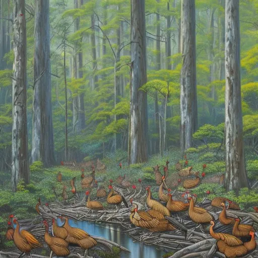 Prompt: Pastel painting of an old growth forest with hundreds of thousands of wild turkeys in full strut in an old growth forest, lush landscapes, and cultural richness emanate from the canvas. Feel the harmony between people and nature, preserved in this timeless New England scene