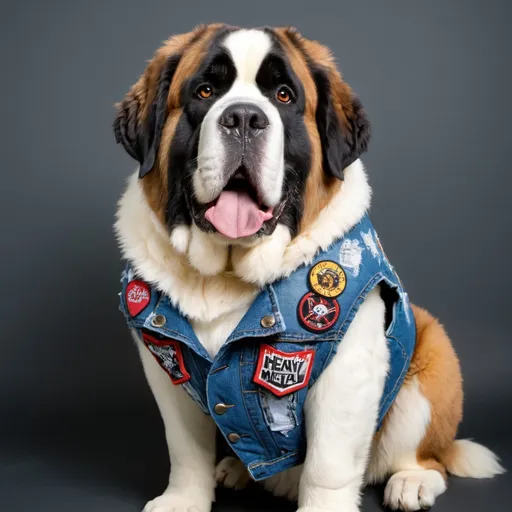 Prompt: st bernard wearing a heavy metal music denim vest with patches 