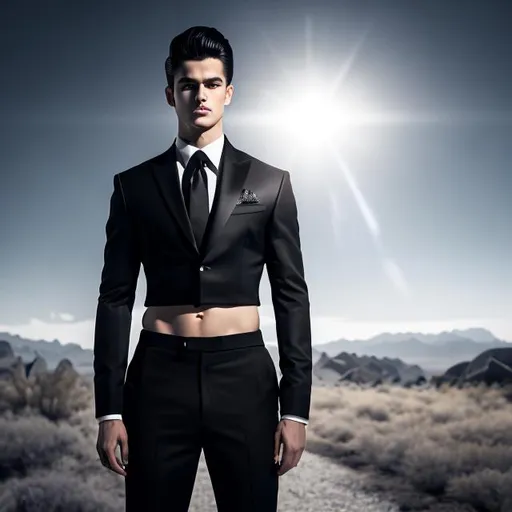 Prompt: crop top black long sleeve business suit with a black necktie, bare midriff, bare navel, black business suit pants, 22-years old, man, rock hard abs, long flowing hair, hands on hips, plain dark background, shining light behind man, photo, hdr, 2k, amazing cinematography,((high quality))