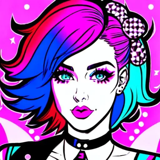 Prompt: Retro transgender girl punk rock 70's vibe trippy comic style pop art goth punk fashion confident trans flag colors blue pink white
