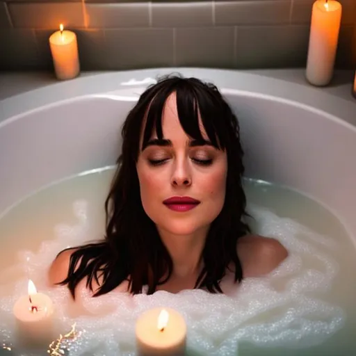 Prompt: Dakota Johnson with bangs sleeping in a very warm bubble bath at night with the lights turned off with candles lit.