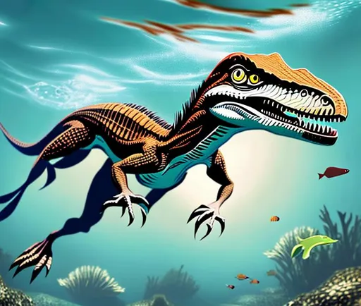 Prompt: Anthro velociraptor swimming underwater swimming underwater