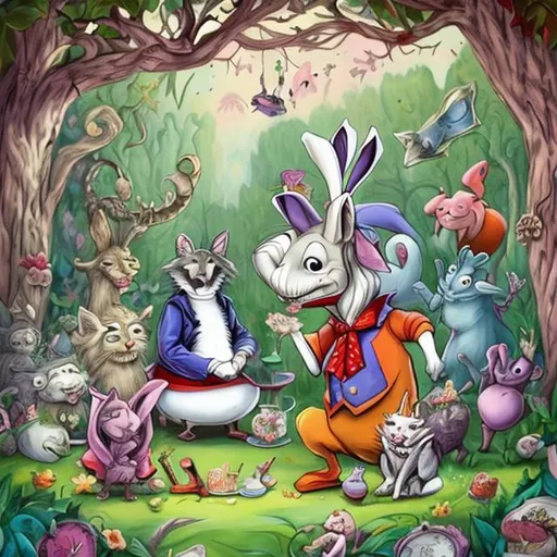 Prompt: Animals Alice in wonderland style