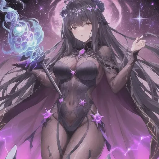 Prompt: Dark Star Abigail - This skin would lean into the cosmic horror aspect of Abigail's character, depicting her as a creature from beyond the stars. She would wear a flowing cloak made of dark, twinkling fabric and wield a scepter that channels the power of a distant black hole. Her abilities could feature dark, cosmic effects that leave trails of glittering stars.