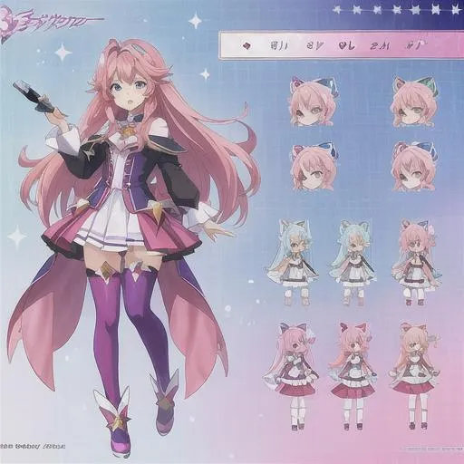 A character sheet of an anime magical girl with hai...