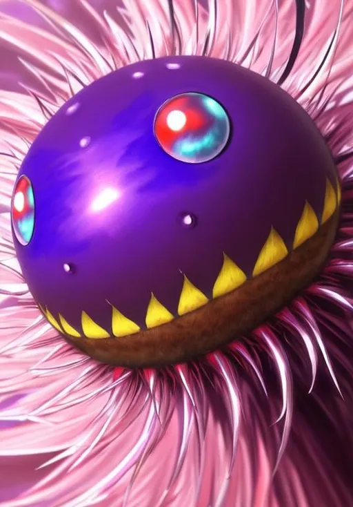 Prompt: UHD, , 8k,  oil painting, Anime,  Very detailed, zoomed out view of character, HD, High Quality, Anime, Pokemon, Venonat is an insect Pokémon with a spherical body covered in purple fur. The fur releases a toxic liquid and it spreads when shaken violently off their bodies. A pink pincer-like mouth with two teeth, stubby forepaws, and a pair of two-toed feet are visible through its fur. Its limbs are light tan. There is also a pair of white antennae sprouting from the top of its head. However, the most prominent feature on its face are its large, red compound eyes. Venonat's highly developed eyes act as radar units and can shoot powerful beams.

Venonat can be found in dense temperate forests, where it will sleep in the hole of a tree until nightfall. It sleeps throughout the day because the small insects it feeds on appear only at night. Both Venonat and its prey are attracted to bright lights.

Pokémon by Frank Frazetta