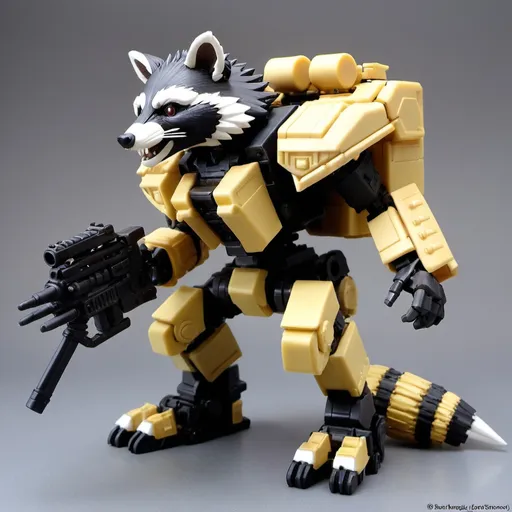 Prompt: A Kotobukiya Zoids model of a weapons heavy raccoon, made entirely of plastic, in the style of Kotobukiya Zoids.