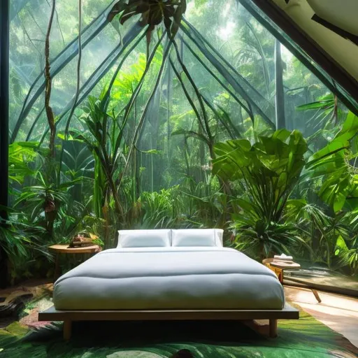 Prompt: glass room in jungle with bed, photograph