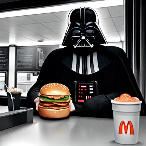 Prompt: can you make a photorealistic darth vader ordering a hamburger in a 1960 mcdonalds