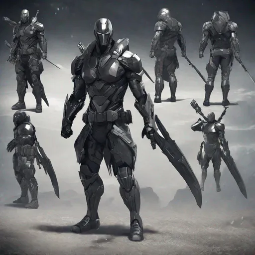 Prompt: Futuristic combat stealth soldier, arkham knight style military helmet, short helmet, sleek helmet, deathstroke, iron man style tactical armour suit, swords, post-apocalyptic setting, high-tech and tactical armor, ninja, assassin, assassin's creed, evil, sith lord, supervillain, call of duty, battlefield, shogun, viking, futurism, star wars, the punisher, mandalorian, SAS, navy seals,  weapons, germanic, samurai, dual swords, gritty atmosphere, detailed reflections on armor, best quality, highres, ultra-detailed, futuristic, post-apocalyptic, sleek design, professional, atmospheric lighting, city background, extreme utility on armour, black colour, genetically enhanced supersoldier, destroyer, death, skulls, dune 2, sardukar, harkonnen, fremen