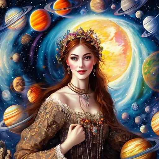 Prompt: A fair young and beautiful woman in European traditional clothes surrounded by many planets while floating in the sunny sky galaxy universe beautiful astronomical moon fantasy oil painting 