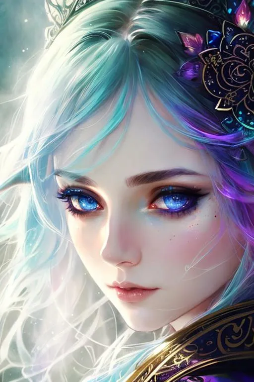Prompt: (((art by Agnes Cecile))), gothic theme, female elf mage, beautiful face and eyes, intricate detailed face and eyes, ((Polychromatic)), (very saturated color), (vivid colors), Surreal, intricate wizard clothes, UHD, 8K, high fantasy, ultra realistic